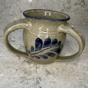 Three handle Signed 1987 Studio‎ Art Pottery Salt Glazed Cobalt Leaf Feather